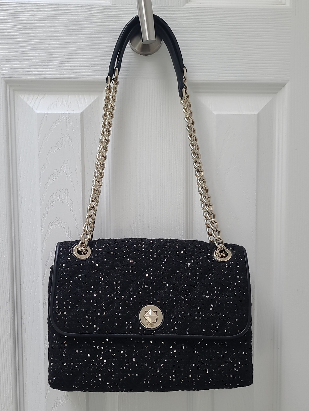 Kate Spade Black Sequin Tweed Fabric, Flap Shoulder Bag Or Crossbody